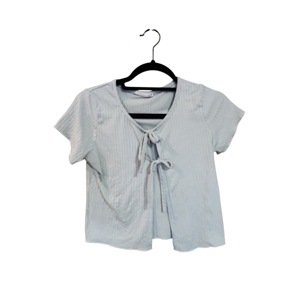 Forever Rose Couture Ribbed Tie-Front Short Sleeve Crop Top Open front Womens Sm